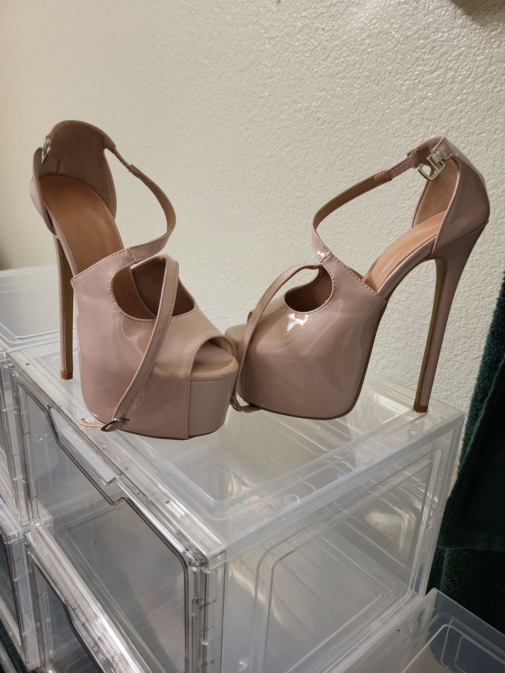 Nude Patent Platform Peep-Toe High Heels with Ankle Strap
